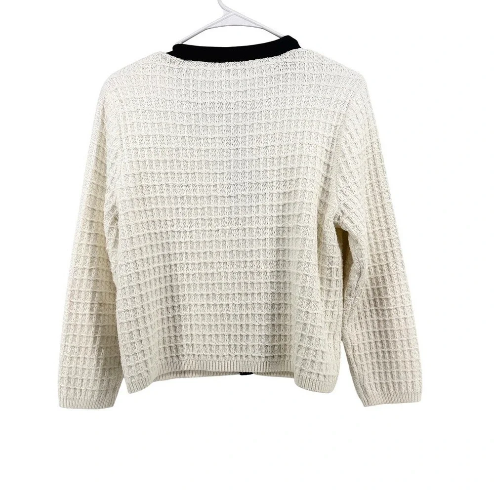 Ann Taylor Women L Cream Black Waffle Knit Button Front Cardigan Sweater - Picture 9 of 9
